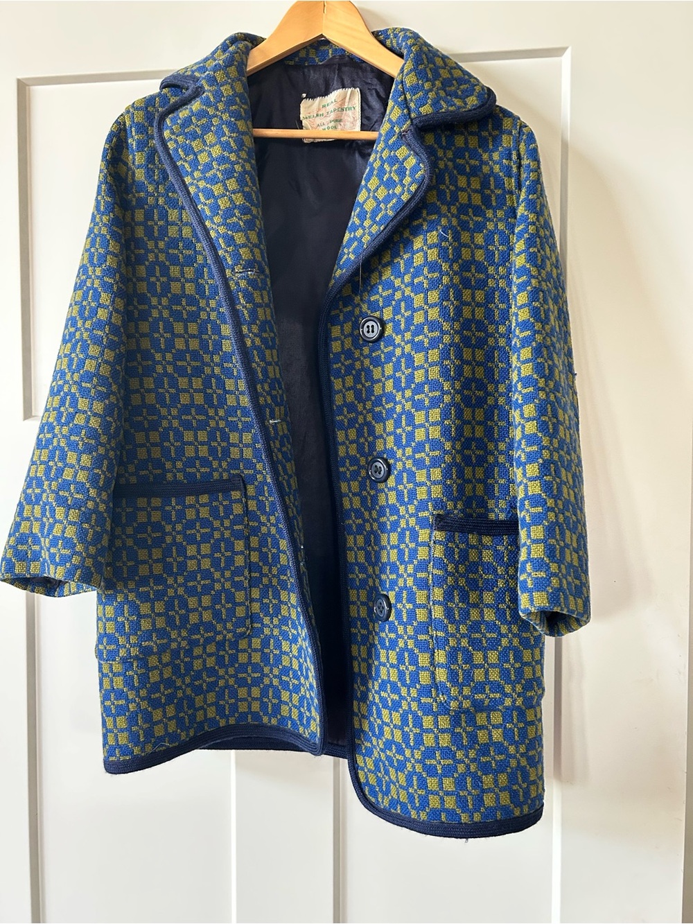 Vintage Welsh Wool Blend Blue & Green Patterned Swing Coat